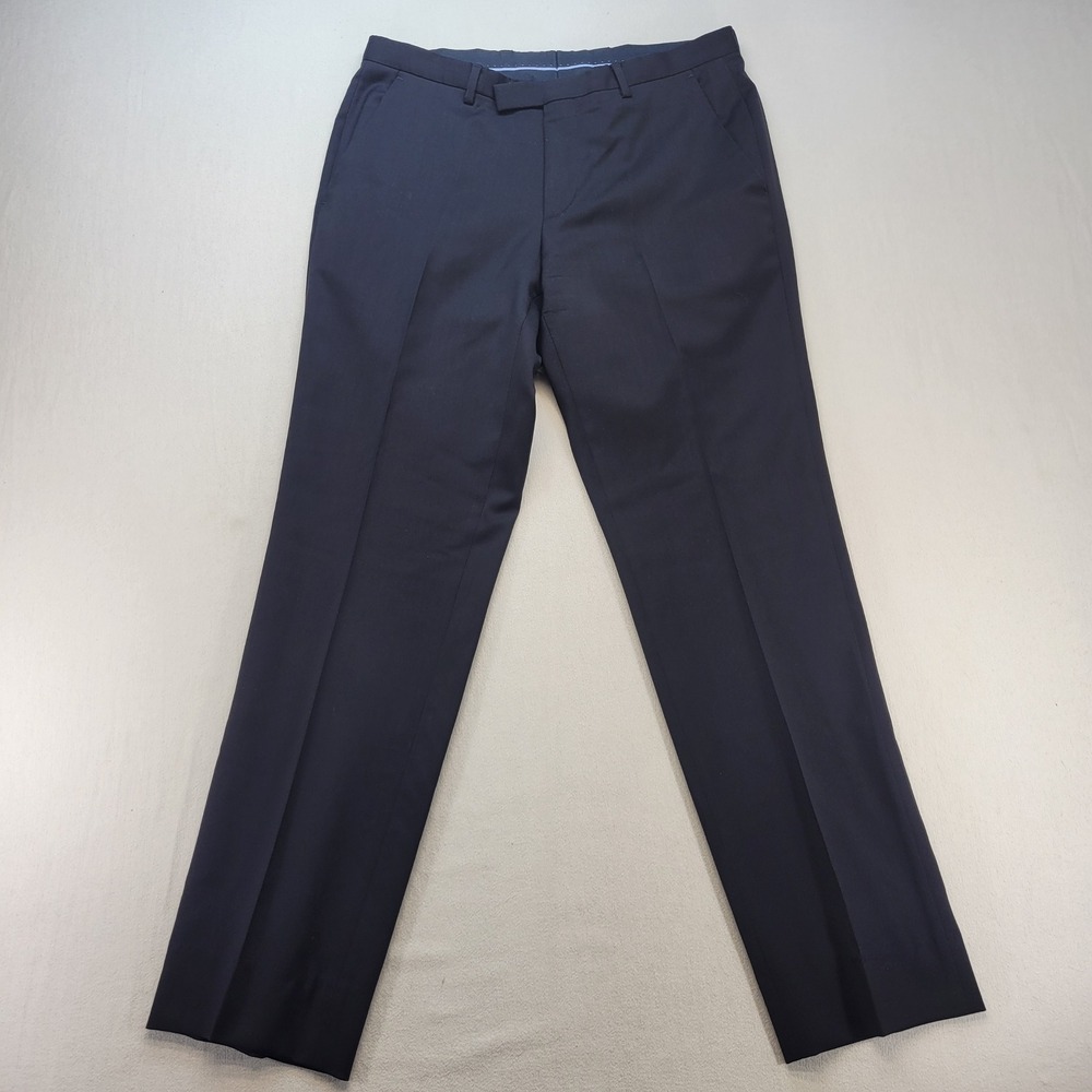 Hugo Boss Dress Pants Mens 32R Navy Blue Virgin Wool Flat Front Trousers